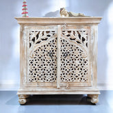 Indian Hand Carved Solid Wooden Cabinet 90x40x90cm  Whitewash 01